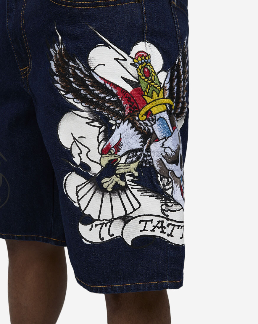 Shop Ed Hardy 77 Eagle Denim Shorts MEHD8002-8-IND blue