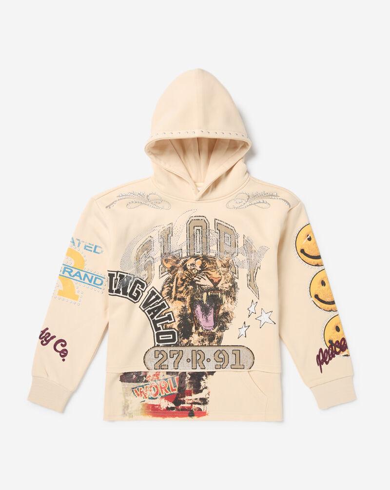 Smoke Rise Kids' Cropped Pull Over Tiger Smiley Fleece Hoodie BFO26F669SN cream 1