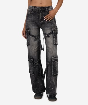 4Pkt Rhinestone Cargo Denim Jeans