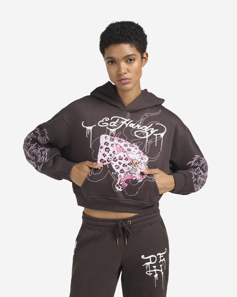 Ed Hardy Rhinestone Leopard Pullover Fleece Hoodie EHW1810-2RS Black 1