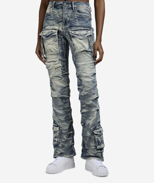 Stacked Whisker Wash Side Pinching Jeans