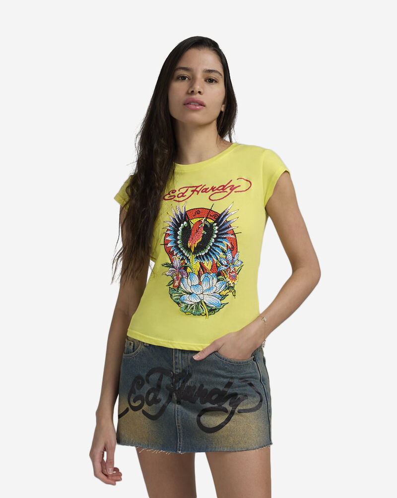 Ed Hardy Phoenix Rhinestone Cap Sleeve Tee EHW1107-24RS Yellow 1