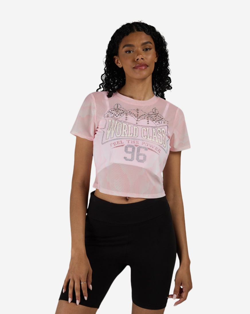 トップス STONE  Shop Smoke Rise Rhinestone Mesh Tee RKT26S403SN-BABYPINK pink