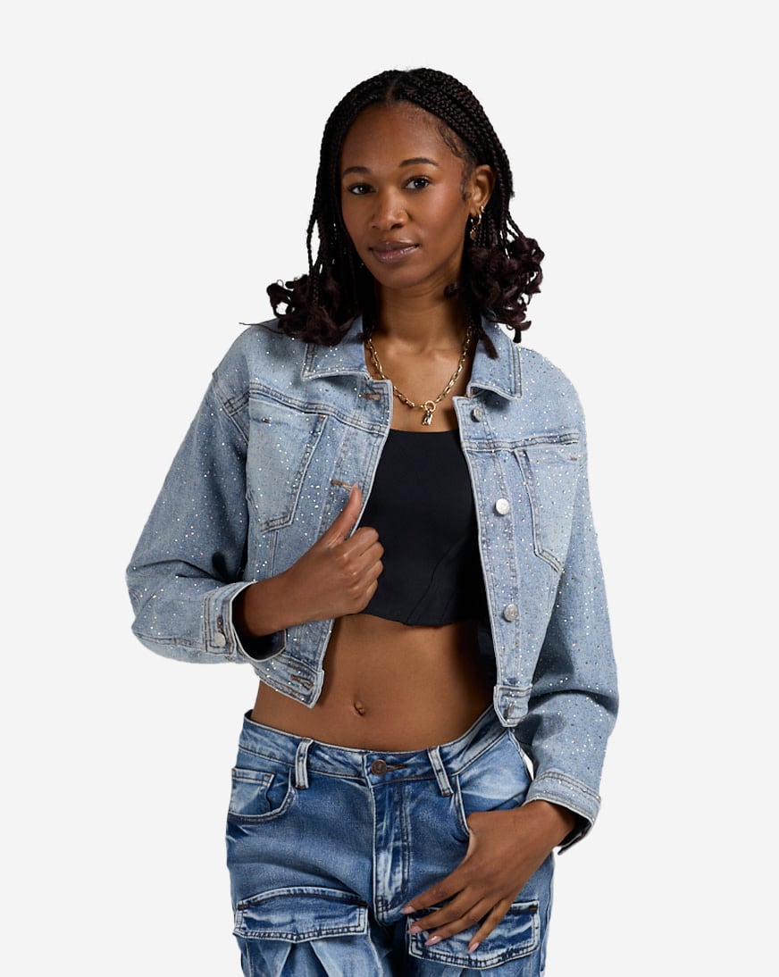 Shop Vibrant Rhinestone Trucker Jacket XJK142SN blue | SNIPES USA