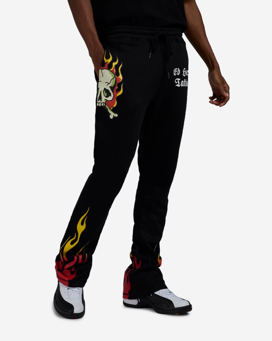 Shop Ed Hardy Skull Flames Fleece Pants EHM80067RS-BLK black