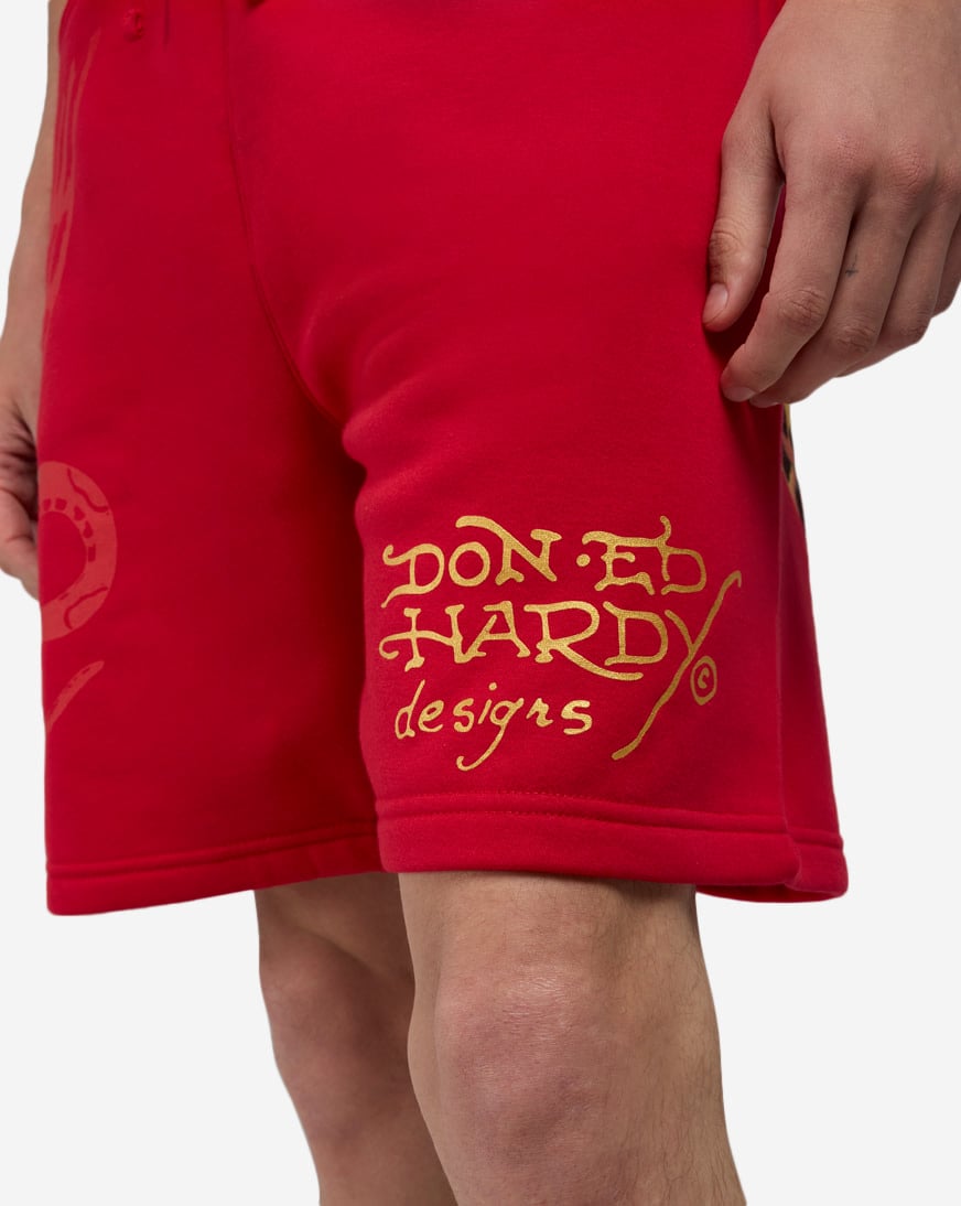Shop Ed Hardy Panther Jaguar Fleece Shorts EHM8100-18-RED