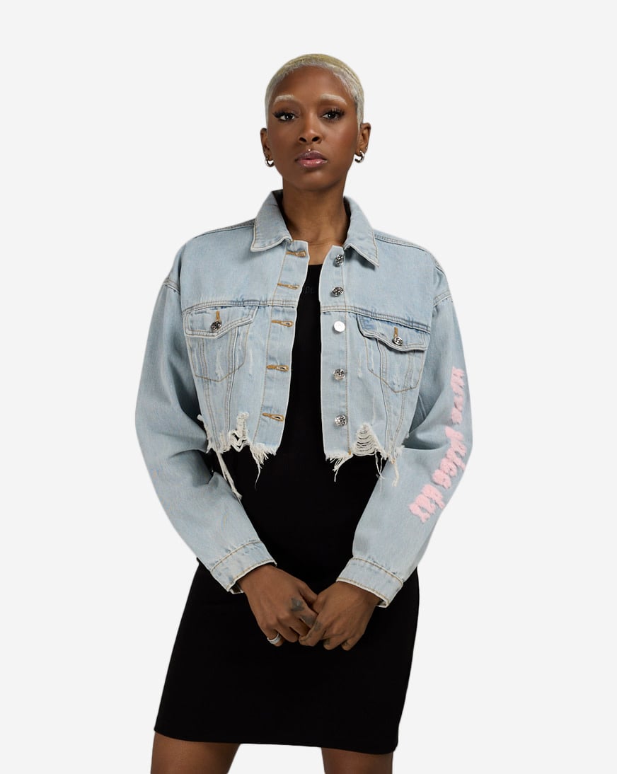 Shop Trio Urban Smiley Face Bolt Pink Denim Jacket 200027