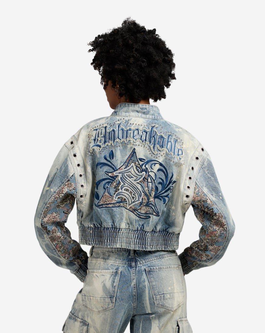 Shop Smoke Rise Denim Bomber Jacket AJ25703SNZ-IB blue