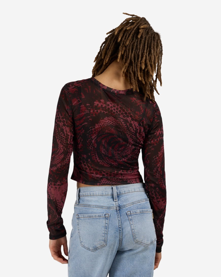 Shop Smoke Rise Printed Long Sleeve Mesh Top RKT26S416SNZ-FUCHSIA