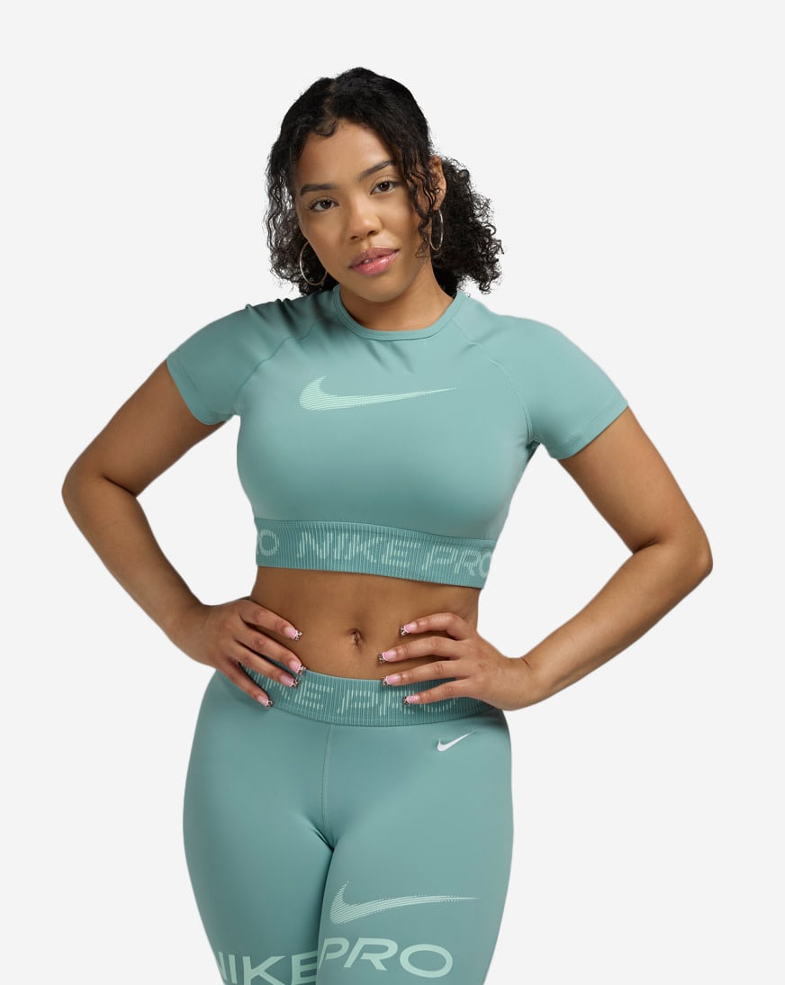 Shop Nike Pro Dri-FIT Short-Sleeve Cropped Top HV3673-017 green