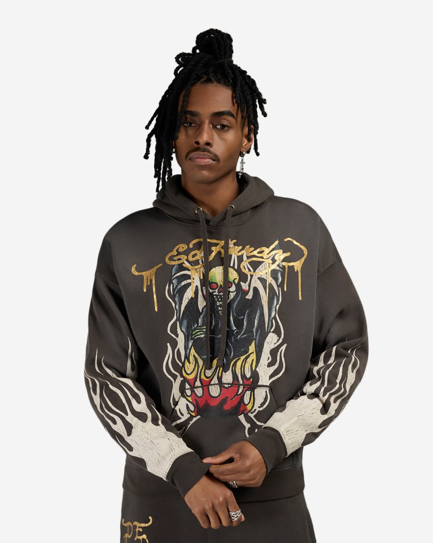 Shop Ed Hardy Fire Lord Pullover Fleece Hoodie EHM1302-18-GRY grey