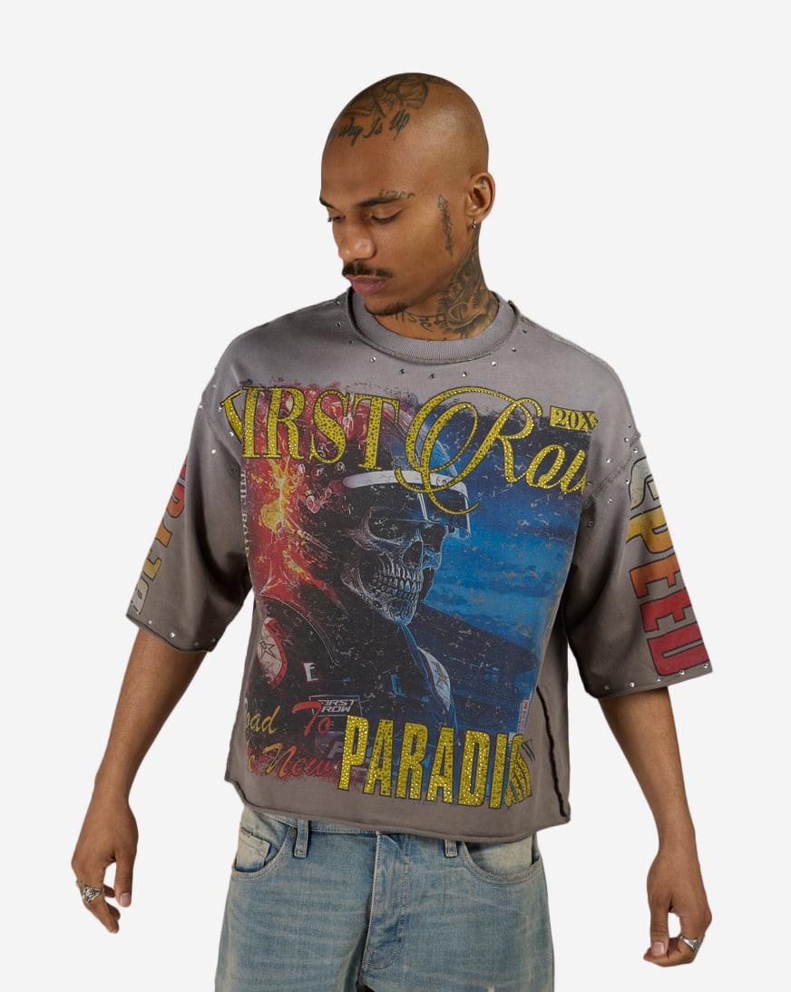 Shop First Row Beyond Skeleton Mini Terry Cropped Tee FRM1046S-GRY