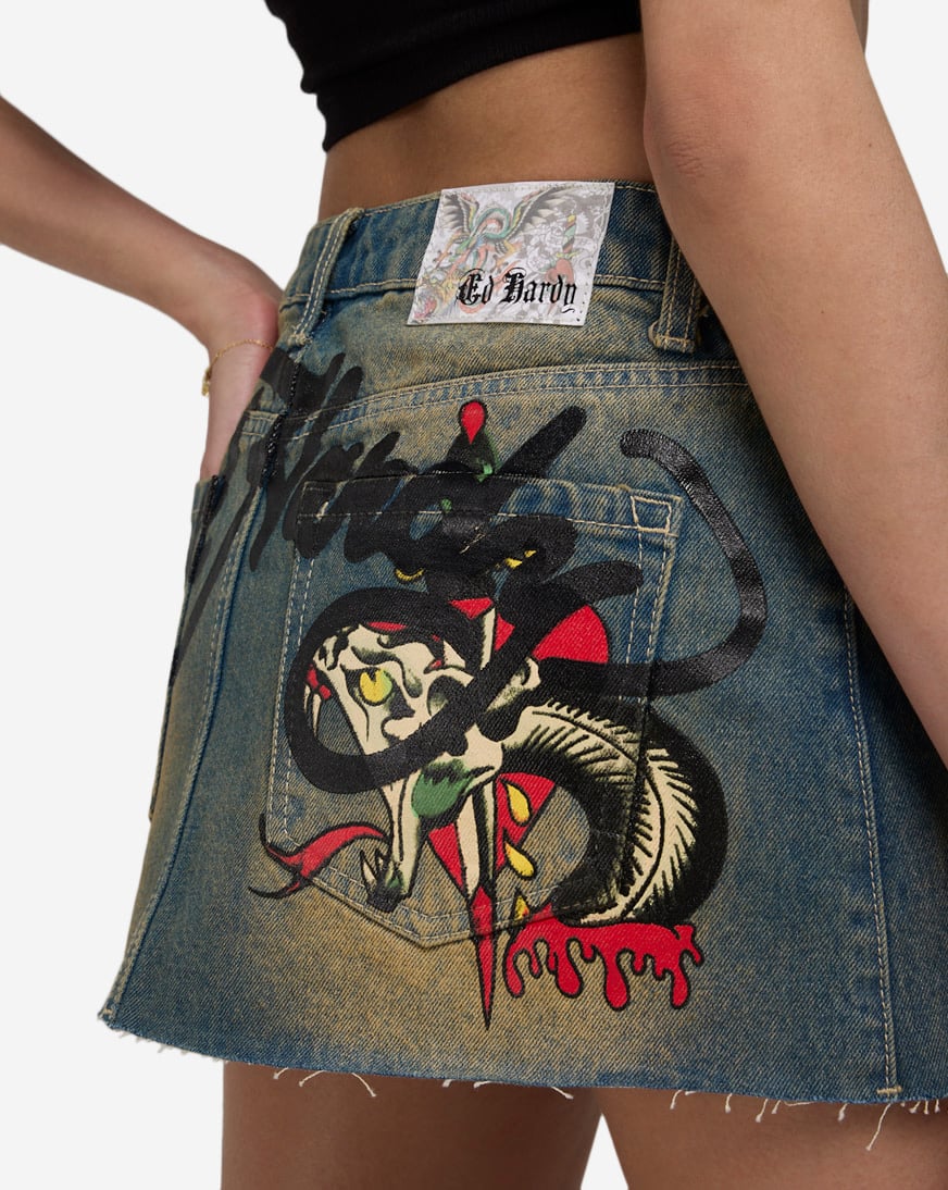Shop Ed Hardy Snake Hearts Denim Skirt WEHD6000-17 blue