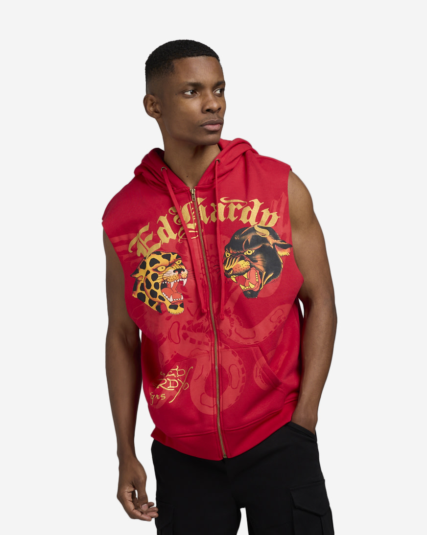 Shop Ed Hardy Panther Jaguar Sleeveless Hoodie EHM1304-4-RED red