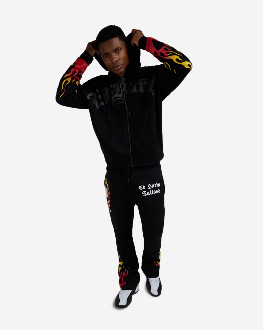 Shop Ed Hardy Skull Flames Full Zip Hoodie EHM13038RS-BLK black