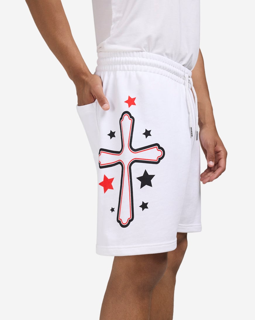 Shop Von Dutch Printed Cross Fleece Shorts 4VND3A5343-WHT white