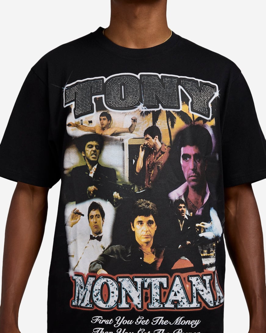 Shop Graphic Tees Scarface Faces Tony Montana Rhinestone Tee RE5