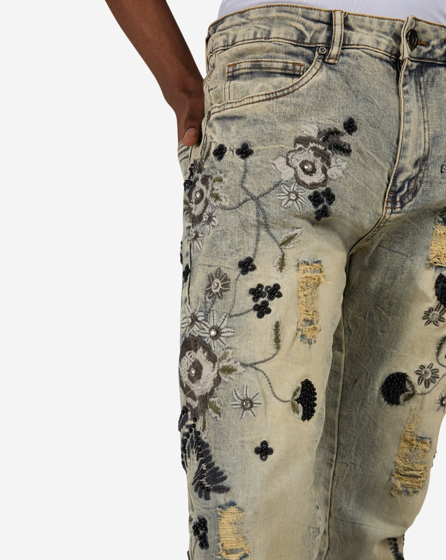 Shop WAIMEA Embroidery Floral Print Stacked Jean M8730D-VIN blue