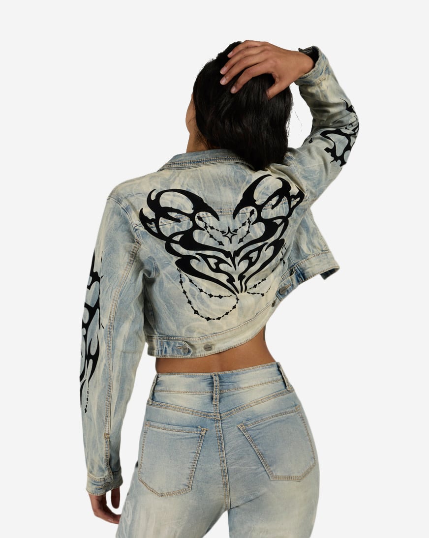 Shop Smoke Rise Flocked Thorn Heart Denim Jacket RJJ26S401SN