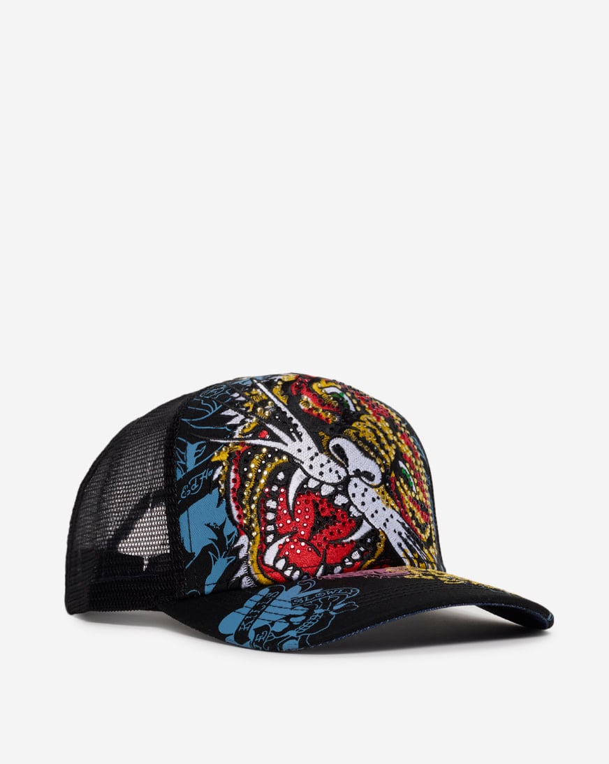 Shop Ed Hardy Tiger Head Trucker Hat EHH0001-78RS black | SNIPES USA