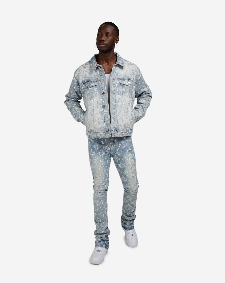 Shop Guapi Embellished Denim Jacket EMB-DNM-JKT-AQUA blue