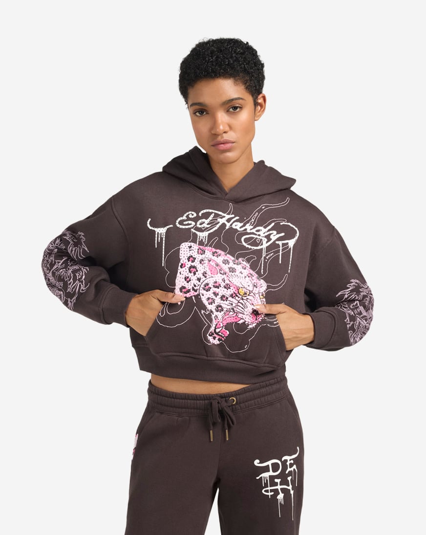 Shop Ed Hardy Rhinestone Leopard Pullover Fleece Hoodie EHW1810