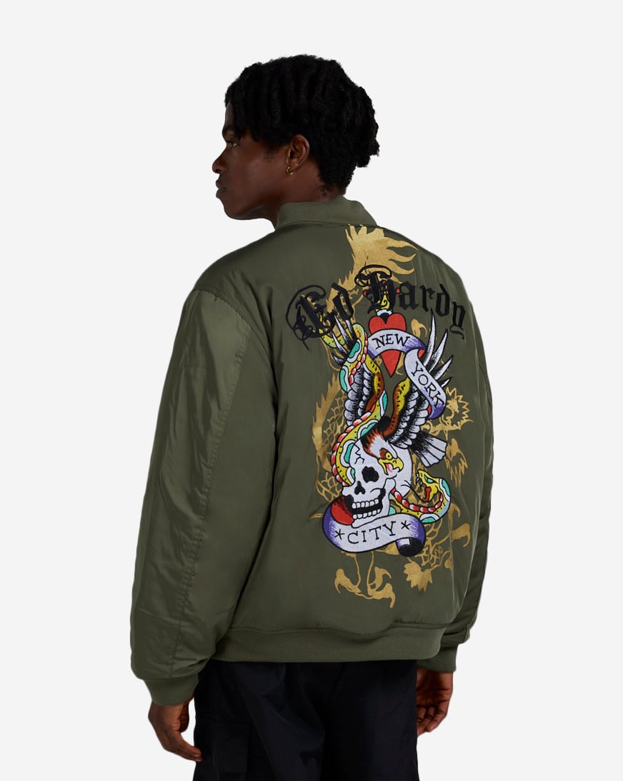 Shop Ed Hardy Skull Bomber Jacket EHM012022-OLV green
