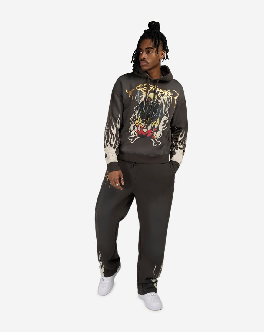 Shop Ed Hardy Fire Lord Pullover Fleece Hoodie EHM1302-18-GRY grey