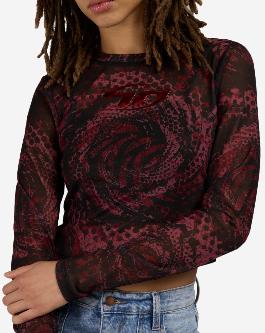 Shop Smoke Rise Printed Long Sleeve Mesh Top RKT26S416SNZ-FUCHSIA