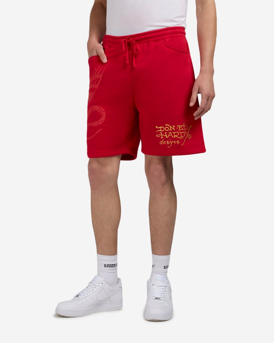 Shop Ed Hardy Panther Jaguar Fleece Shorts EHM8100-18-RED red
