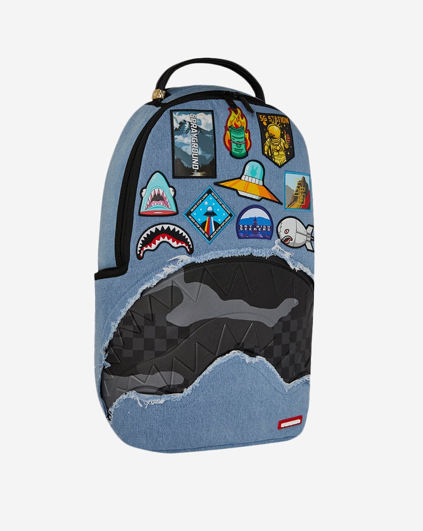 Shop Sprayground Denim Tear 3am Patch Backpack B8302 multi