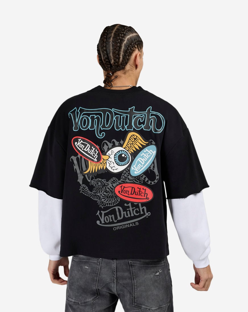 90s Von Dutch フレイムス ロングTシャツ Shop Von Dutch Fleece Flame Eye Logo Long Sleeve Boxy 2-Fer Tee