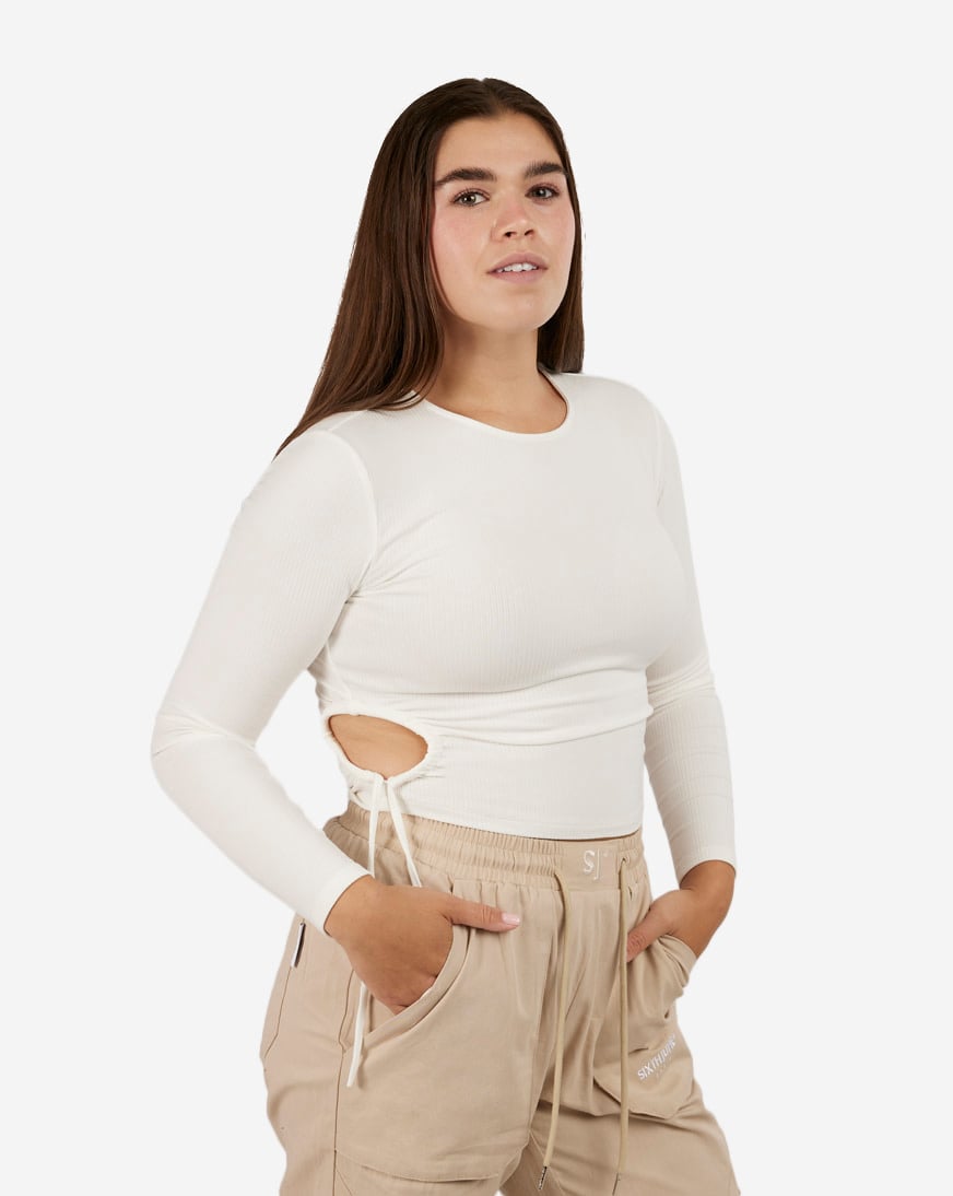 Shop Sixth June Side Ruched Long Sleeve Crop Top 33705-WHIT