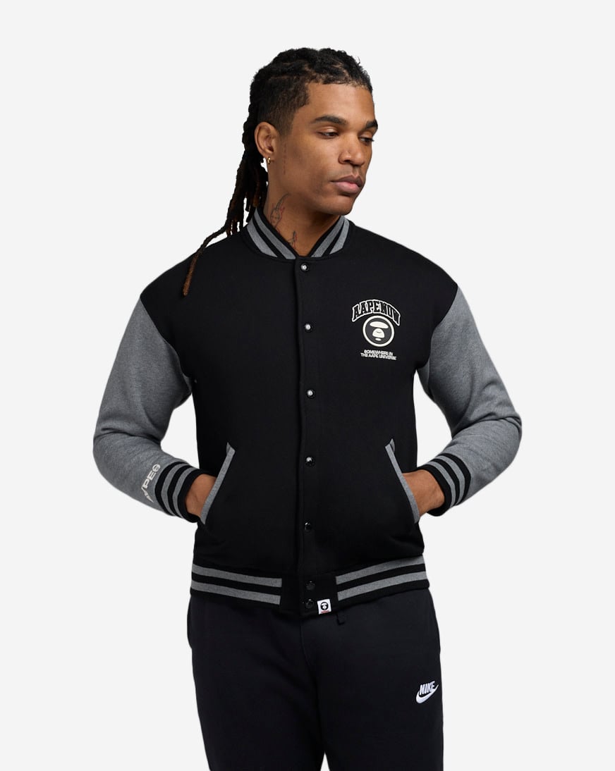 Shop AAPE Baseball Fleece Varsity Jacket AAPSWMB328XXNBKX black