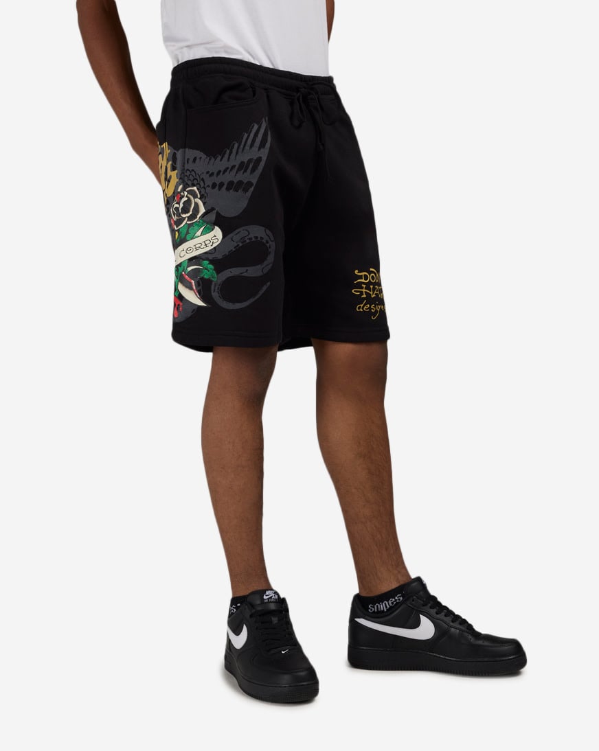 Shop Ed Hardy Dagger Rose Fleece Shorts EHM8100-19A-BLK black