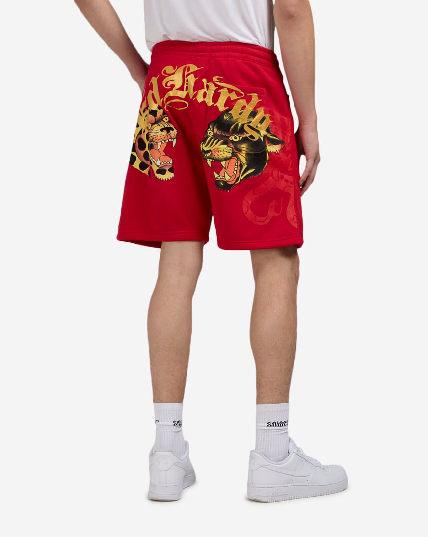 Shop Ed Hardy Panther Jaguar Fleece Shorts EHM8100-18-RED