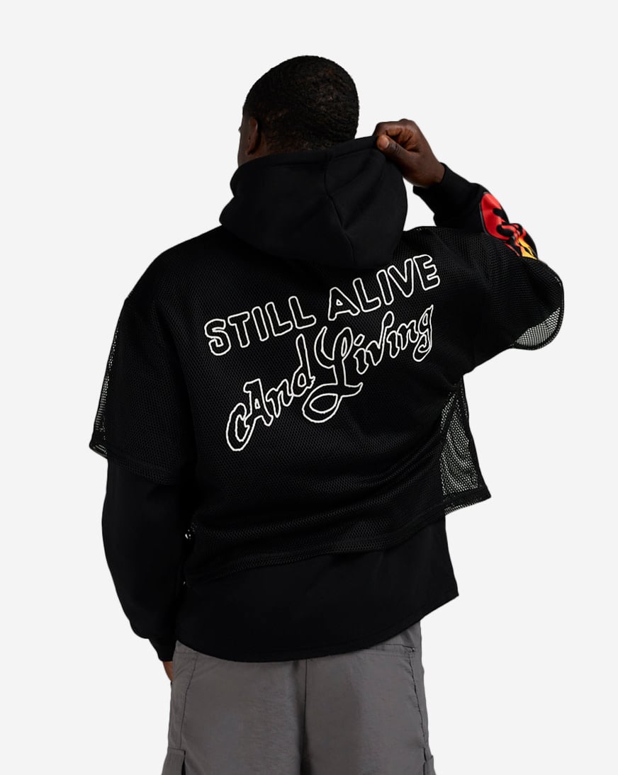 Shop Von Dutch Flame Print Mesh 2-Fer Hoodie 4VND2A7443-BLK black