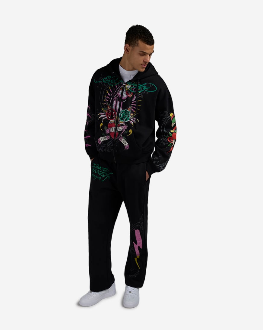 Shop Ed Hardy Panther Rose Fleece Pants EHM8008-7RS-BLK black