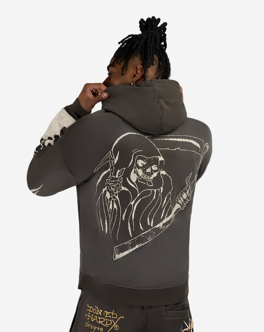 Shop Ed Hardy Fire Lord Pullover Fleece Hoodie EHM1302-18-GRY grey