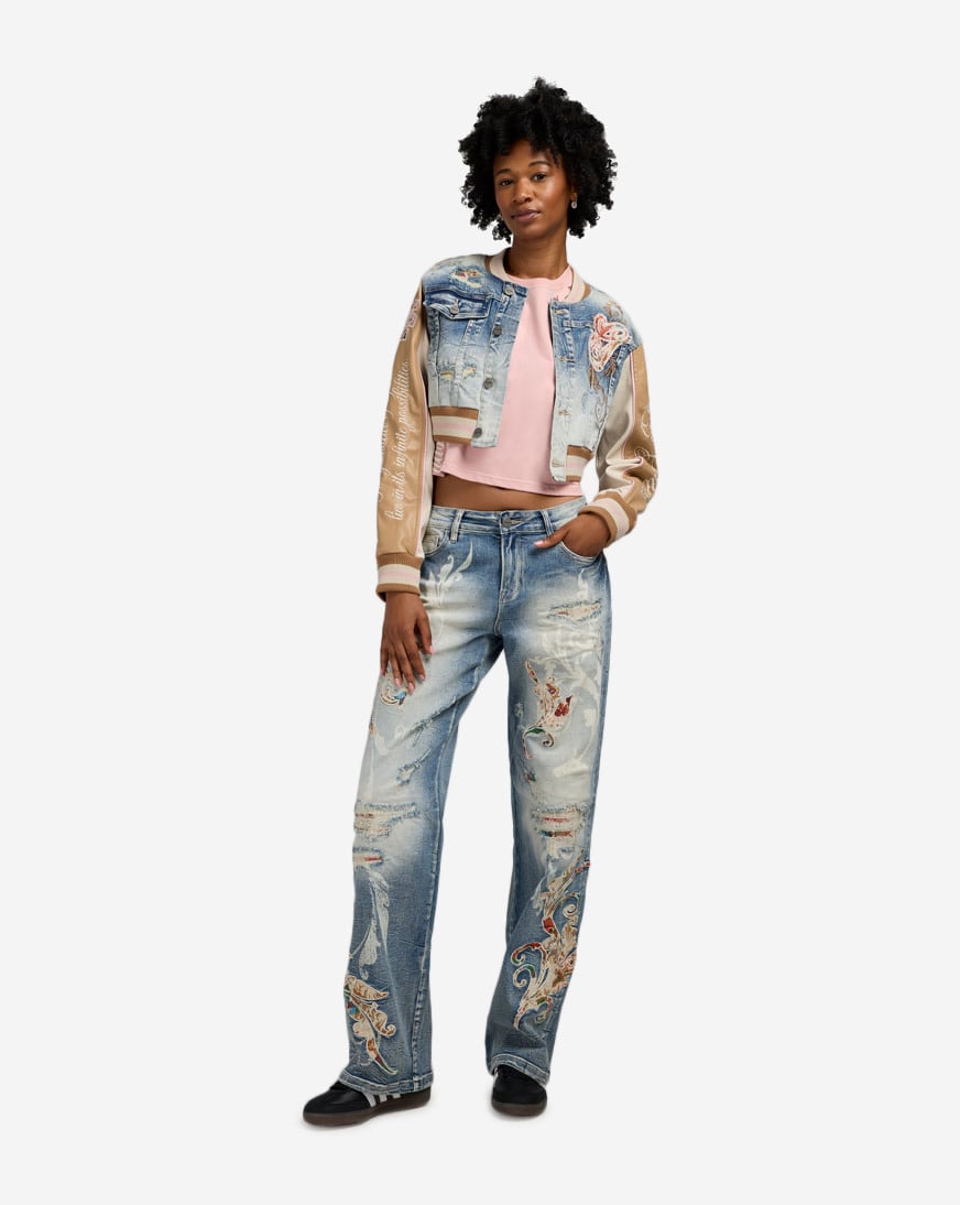 Shop Smoke Rise Wide Leg Distressed Tapestry Denim Jeans