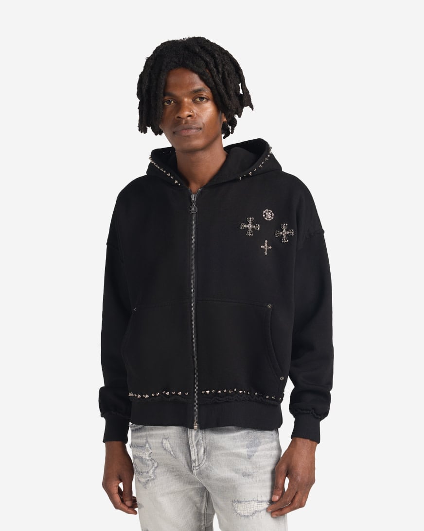 Shop Decibel Embellished Cross Zip Hoodie DECKT124-BLK black