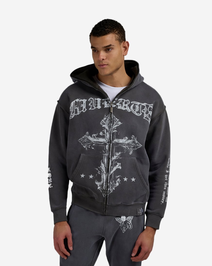Shop Hasta Muerte Muerte Cross Full Zip Hoodie HMCROSSHOOD-BLK