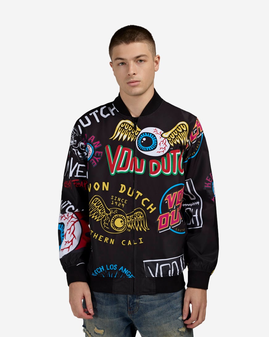 Shop Von Dutch Taslon Allover Print Jacket VD20007-BLK black