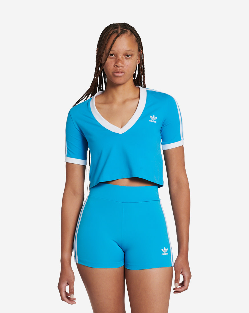 Shop adidas 3 Stripes Cropped Deep V Tee HC2035 blue