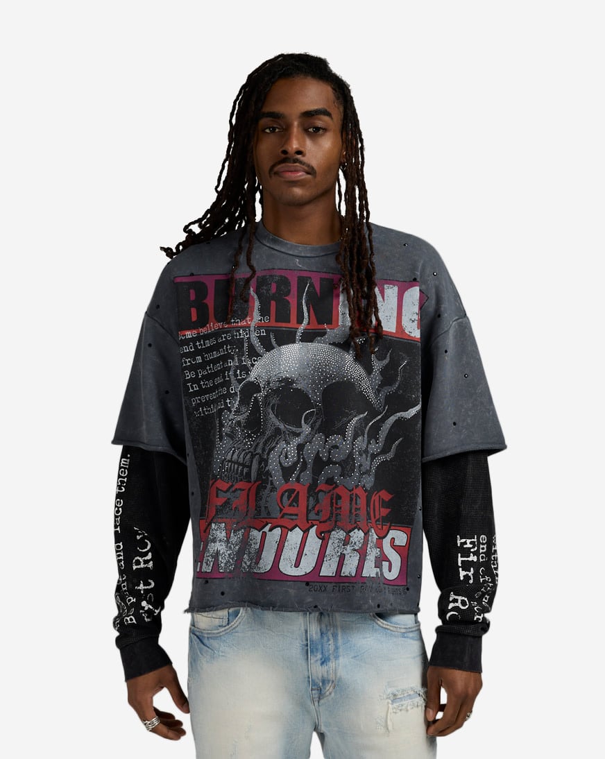 Shop First Row Burning Flames Endorse Long Sleeve Tee FRF3025S-GRY