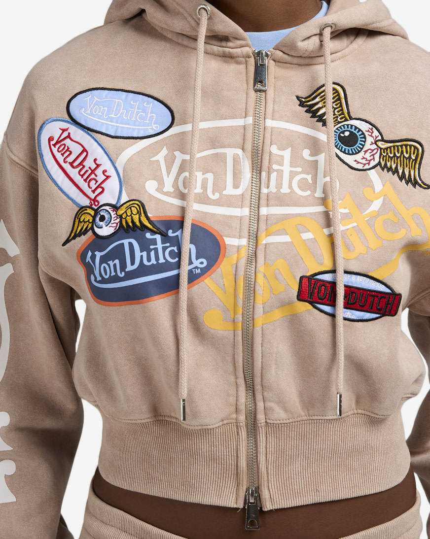 Shop Von Dutch Sticker Mashup Full-Zip Hoodie 7VND2A5369 beige