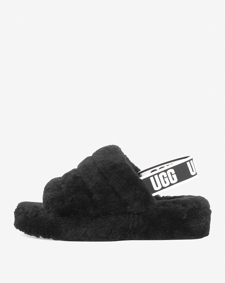 black fluffy ugg slides