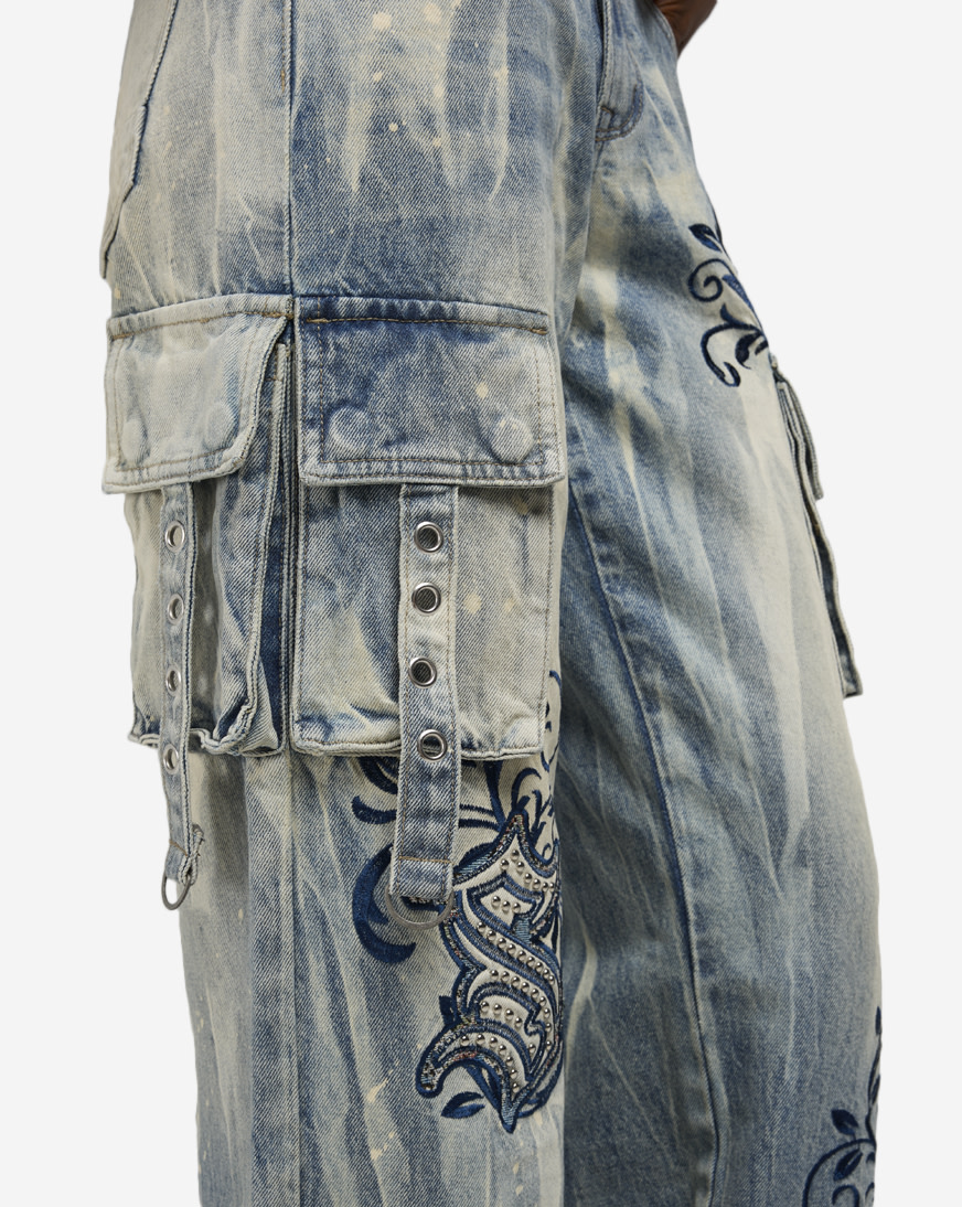 Shop Smoke Rise Wide Leg Cargo Tapestry Denim Jeans