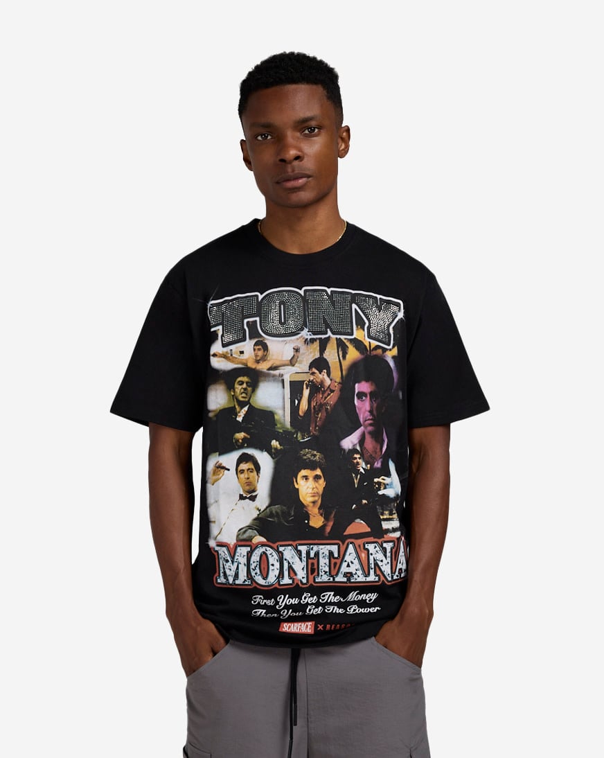 Shop Graphic Tees Scarface Faces Tony Montana Rhinestone Tee RE5
